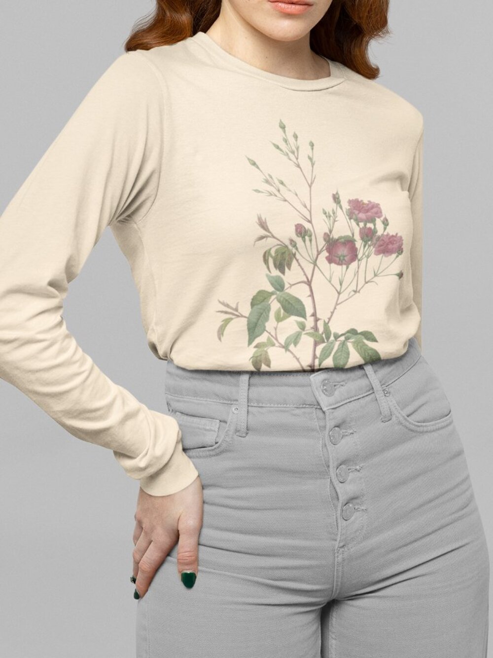 Rose Vintage Floral Print Long Sleeve Graphic Tee T-shirt S-XXL